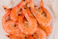 beautiful large boiled tiger prawns on a white plate on the kitchen table Royalty Free Stock Photo