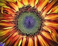 Beautiful large decorative sunflower with big green and red petals.