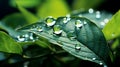 Beautiful large drops of transparent rainwater on a green leaf macro