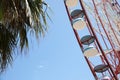 Beautiful large Ferris wheel and palm against blue sky, closeup Royalty Free Stock Photo