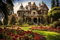 A beautiful large house surrounded by a lush garden of trees and blooming flowers creating a serene oasis, A Victorian era mansion Royalty Free Stock Photo