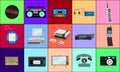 A beautiful large set of retro items of old vintage hipster electronics technology from the 70s, 80s, 90s on the background Royalty Free Stock Photo