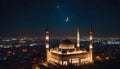 Beautiful shimmering mosque with crescent moon and Landscape aerial night cityscape. Generative AI Royalty Free Stock Photo