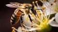 Beautiful large striped bee on flower macro, bee portrait photo, Generative AI