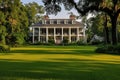 A beautiful, large white house stands surrounded by a picturesque landscape of trees and vibrant green grass, A colonial mansion Royalty Free Stock Photo