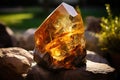 Beautiful large yellow citrine stone among nature. Generative AI