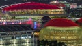 Beautiful laser and musical fountain show at the Marina Bay Sands waterfront in Singapore aerial night timelapse