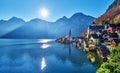 Beautiful late autumn landscape of Hallstatt mountain village with Hallstatter lake in Austrian Alps. Salzkammergut region