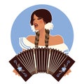 Beautiful latin girl wearing braids, singing and playing an accordion or bandoneon