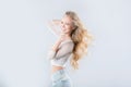 Beautiful laughing blonde hair in the wind. Royalty Free Stock Photo