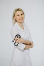 Beautiful laughing female doctor over white - copy space Royalty Free Stock Photo