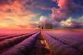 Beautiful lavender field purple blue sky farm.illustration. Ai generative