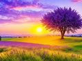 Beautiful lavender field with single tree on horizon with sunburst