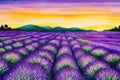 Beautiful lavender field at sunset, watercolor. AI generated Royalty Free Stock Photo