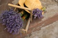 Beautiful lavender flowers and straw hat on cement floor Royalty Free Stock Photo