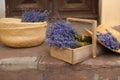 Beautiful lavender flowers and straw hat near building Royalty Free Stock Photo