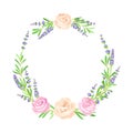 Beautiful Lavender Twigs and Pink Roses Arranged in Circle Wreath Vector Illustration Royalty Free Stock Photo