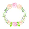 Beautiful Lavender Twigs and Pink Roses Arranged in Circle Wreath Vector Illustration Royalty Free Stock Photo