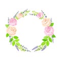 Beautiful Lavender Twigs and Pink Roses Arranged in Circle Wreath Vector Illustration Royalty Free Stock Photo