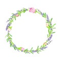 Beautiful Lavender Twigs and Pink Roses Arranged in Circle Wreath Vector Illustration Royalty Free Stock Photo