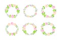 Beautiful Lavender Twigs and Pink Roses Arranged in Circle Wreath Vector Set Royalty Free Stock Photo