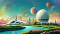 Beautiful lawn graphic digital vivid on the water, futuristic white city, surrounded by pearls and planets in the sky