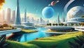 Beautiful lawn graphic digital vivid on the water, futuristic white city, surrounded by pearls and planets in the sky