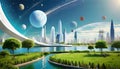 Beautiful lawn graphic digital vivid on the water, futuristic white city, surrounded by pearls and planets in the sky