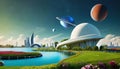 Beautiful lawn graphic digital vivid on the water, futuristic white city, surrounded by pearls and planets in the sky