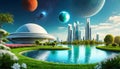 Beautiful lawn graphic digital vivid on the water, futuristic white city, surrounded by pearls and planets in the sky