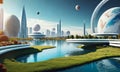 Beautiful lawn graphic digital vivid on the water, futuristic white city, surrounded by pearls and planets in the sky