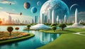 Beautiful lawn graphic digital vivid on the water, futuristic white city, surrounded by pearls and planets in the sky