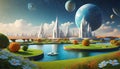 Beautiful lawn graphic digital vivid on the water, futuristic white city, surrounded by pearls and planets in the sky