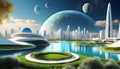 Beautiful lawn graphic digital vivid on the water, futuristic white city, surrounded by pearls and planets in the sky