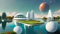 Beautiful lawn graphic digital vivid on the water, futuristic white city, surrounded by pearls and planets in the sky