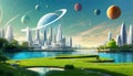 Beautiful lawn graphic digital vivid on the water, futuristic white city, surrounded by pearls and planets in the sky