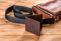 Beautiful leather brown purse made of leather to store paper money Royalty Free Stock Photo