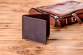 Beautiful leather brown purse made of leather to store paper money Royalty Free Stock Photo