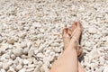 beautiful legs on a rocky beach. woman feet on front of sea rocky beach.