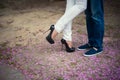 Beautiful legs of young girl in high heels next to the legs Man in pink flower petals, style, fashion, concept, romance Royalty Free Stock Photo