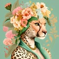 Beautiful leopard with a floral wreath on her head.