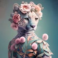 Beautiful leopard with floral wreath on her head. 3D illustration.