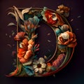 Beautiful letter D with colorful flowers and leaves on dark background.