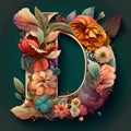 Beautiful letter D decorated with flowers and leaves. Vector illustration.