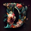 Beautiful letter D with flowers and leaves. Floral font.