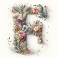 Beautiful letter F with watercolor flowers, leaves and branches. Hand-drawn illustration.