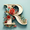 Beautiful letter R with flowers and leaves. 3d illustration.