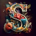 Beautiful letter S with flowers and leaves on dark background. Vector illustration.