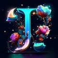 Beautiful letter T with flowers on dark background. Vector illustration. AI generated