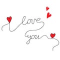 Beautiful lettering I love you with little red hearts